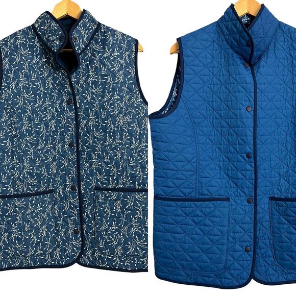 Lands End Jacket Quilted Blue Floral Reversible L Large Gorp Preppy Outdoor - Picture 1 of 9